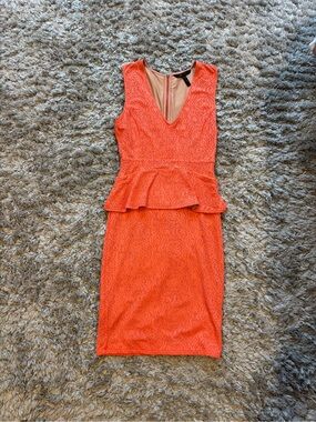 BCBG Sleeveless Lace Peplum Dress in Coral